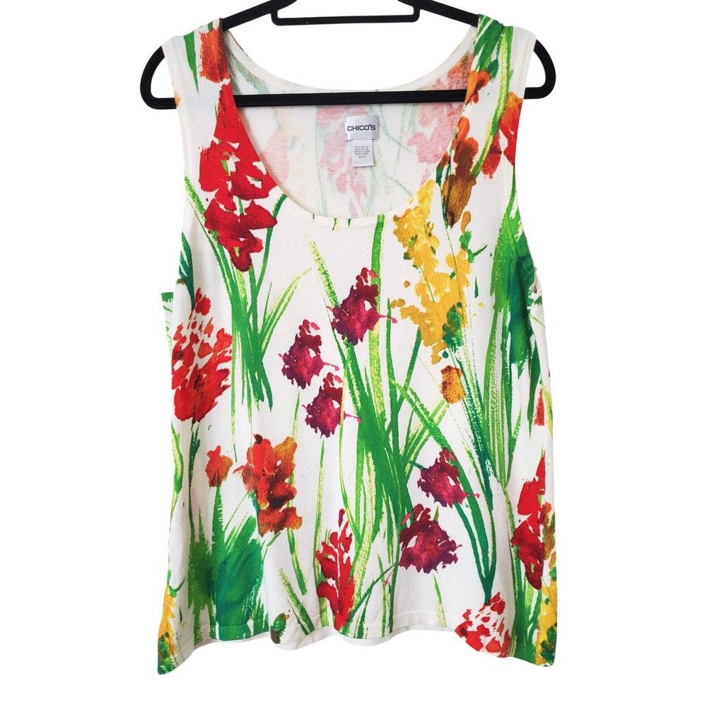 Chico's 2 Floral Tank Top Sleeveless Scoop Neck Large Knit Colorful
